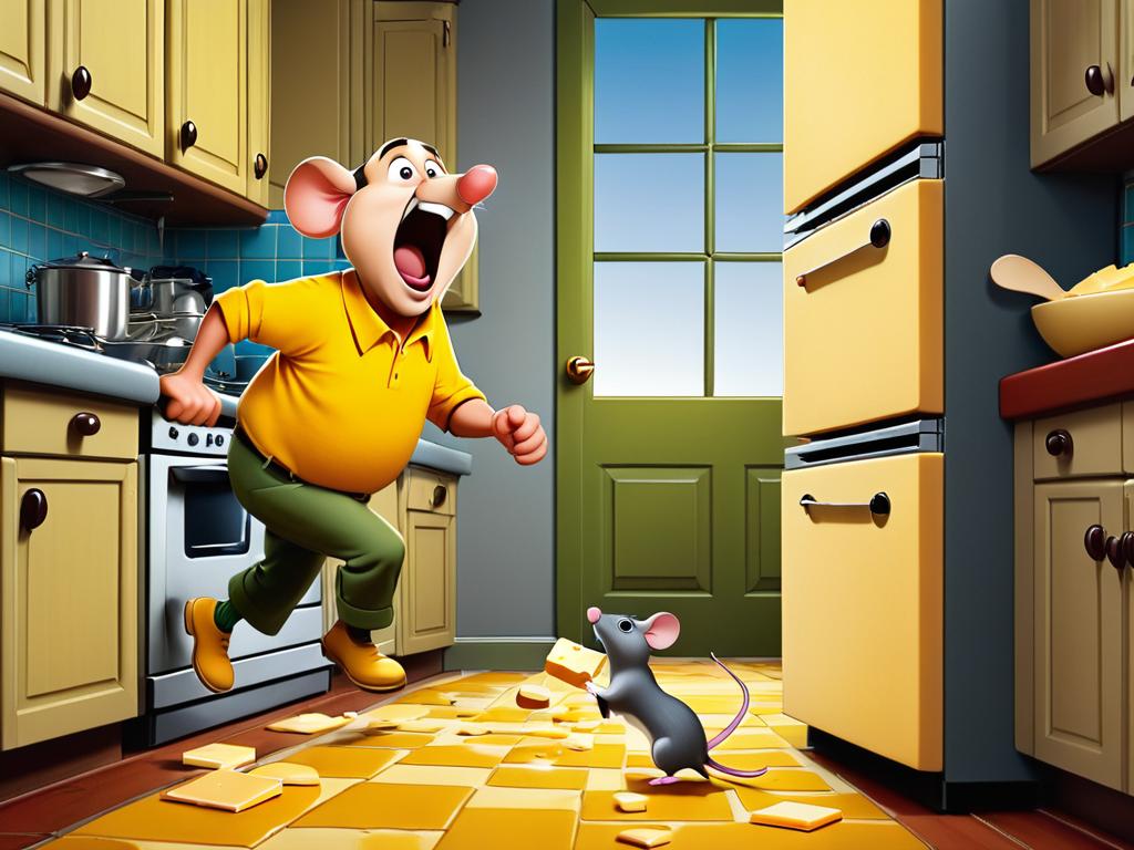 Забавный мультфильм, где удивленный мужчина гоняется за мышами, укравшими сыр с его кухни