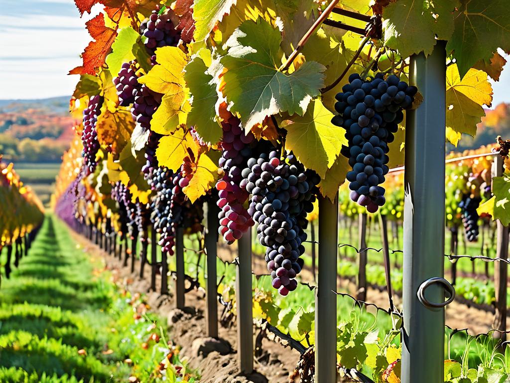 Виноградник осенью с рядами виноградных лоз и осенней листвой на заднем плане. Зеленые и коричневые