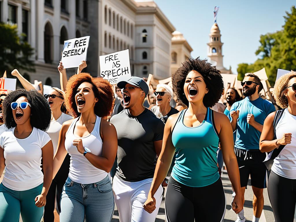 Разнообразная группа людей протестует и пользуется свободой слова
