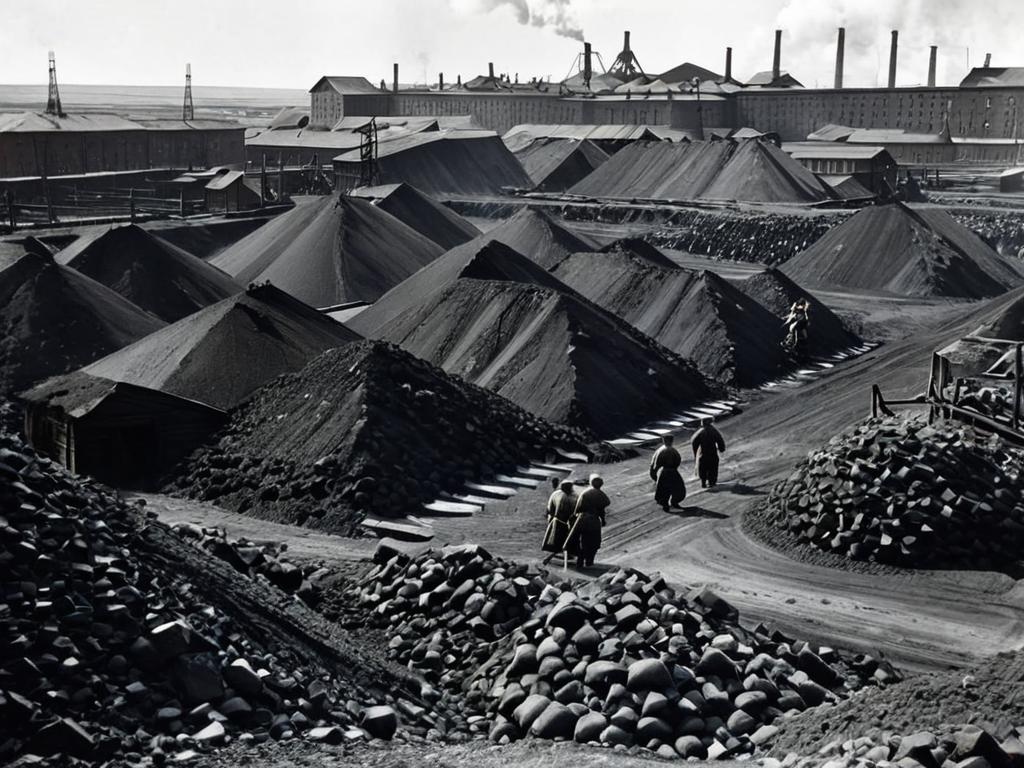 Историческое черно-белое фото заключенных ГУЛАГа, добывающих уголь в Воркуте в 1930-е гг.