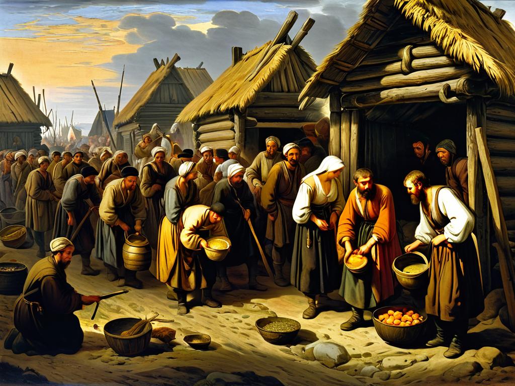 Картина, изображающая голодающих крестьян во время голода в России в начале 17 века