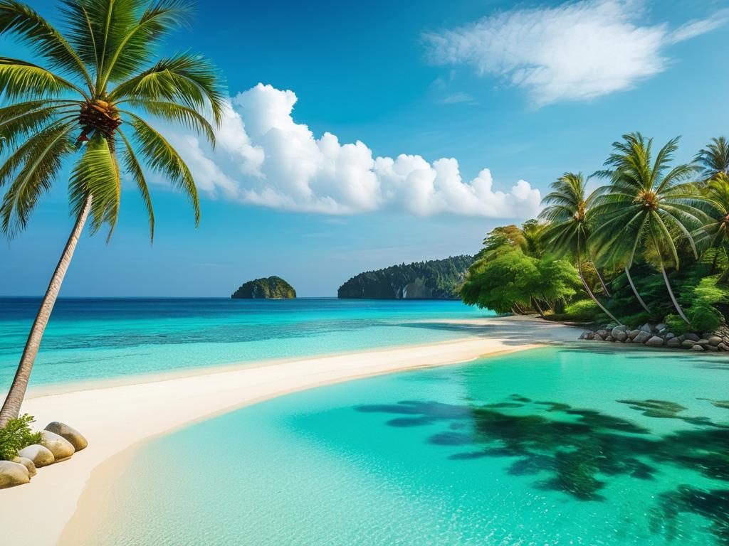 Тропический пляж в Азии с бирюзовой водой и пальмами, идеально для зимнего отдыха