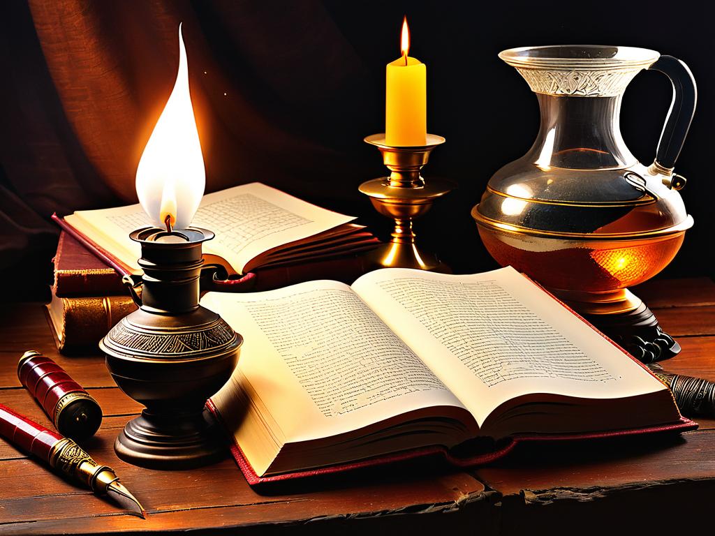 Открытая книга с гусиным пером и масляной лампой, символизируя древние библейские тексты и мудрость.