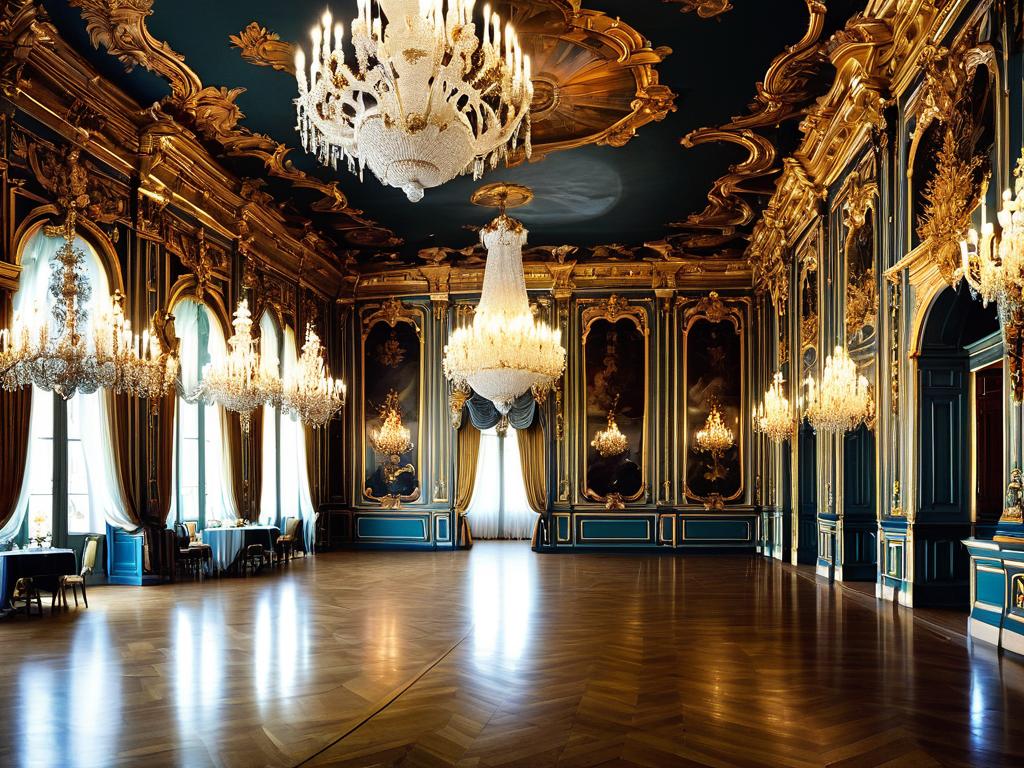 Парадный зал эпохи барокко с пышными украшениями и люстрами