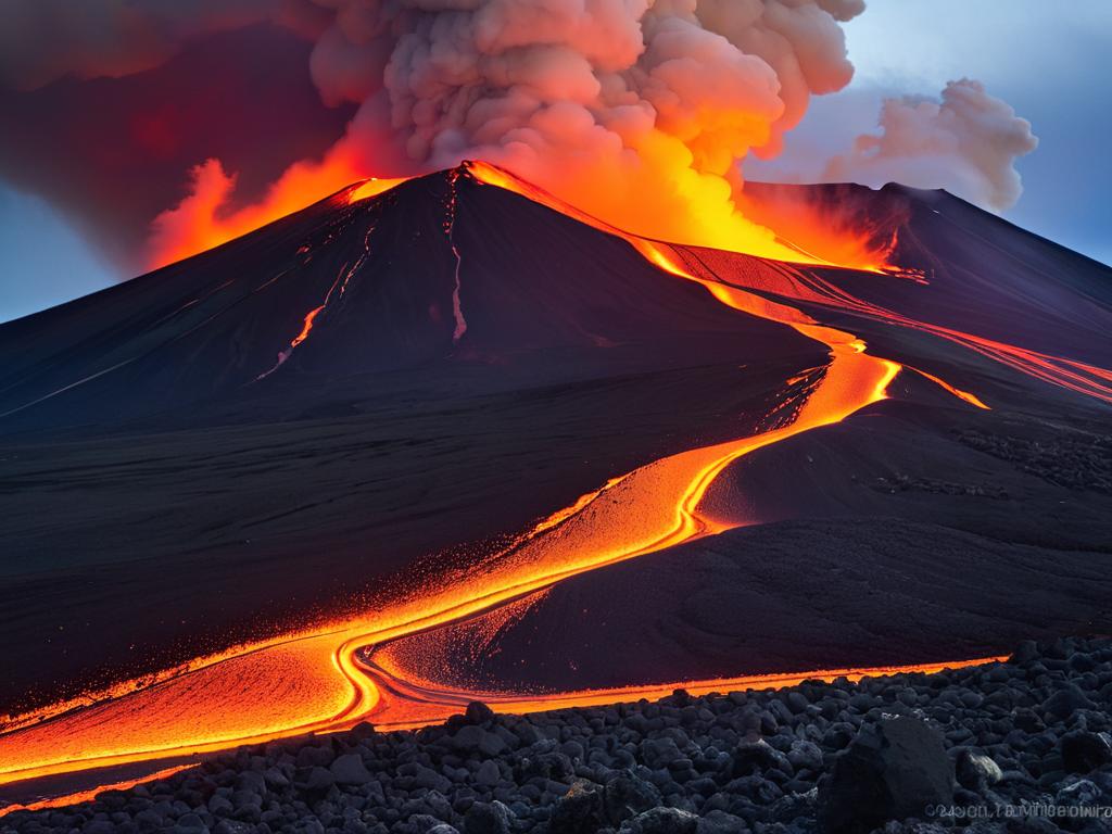 Оранжевая лава стекает по склонам горы Гекла в Исландии во время извержения