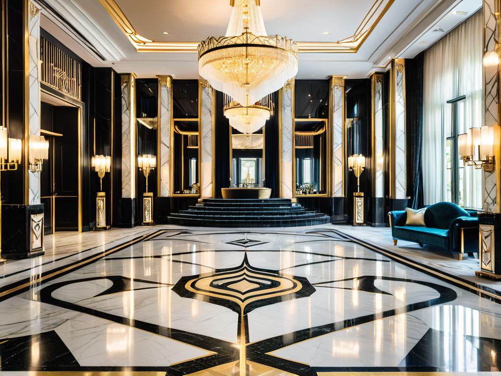 Бальный зал в стиле ар-деко с мраморными колоннами, хрустальными люстрами, золотыми акцентами и