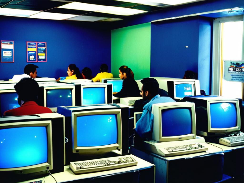 Люди в раннем интернет-кафе 1990-х годов пользуются настольными компьютерами