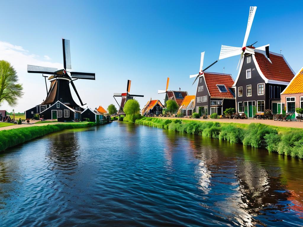 Традиционные голландские дома и ветряные мельницы у реки