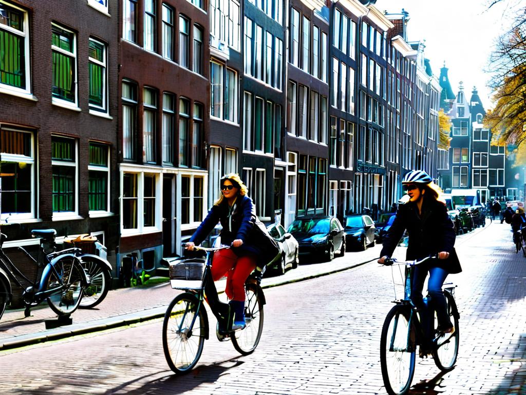 Люди едут на велосипедах по улице Амстердама