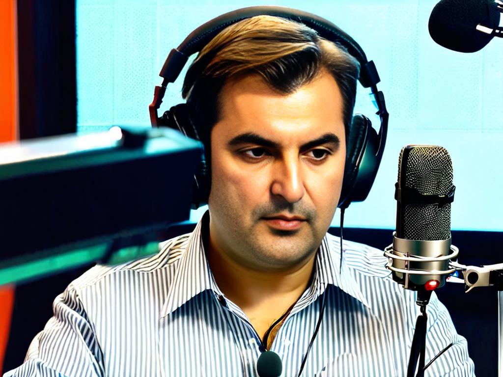 Борис Невзоров сидит в радиостудии в наушниках и говорит в микрофон