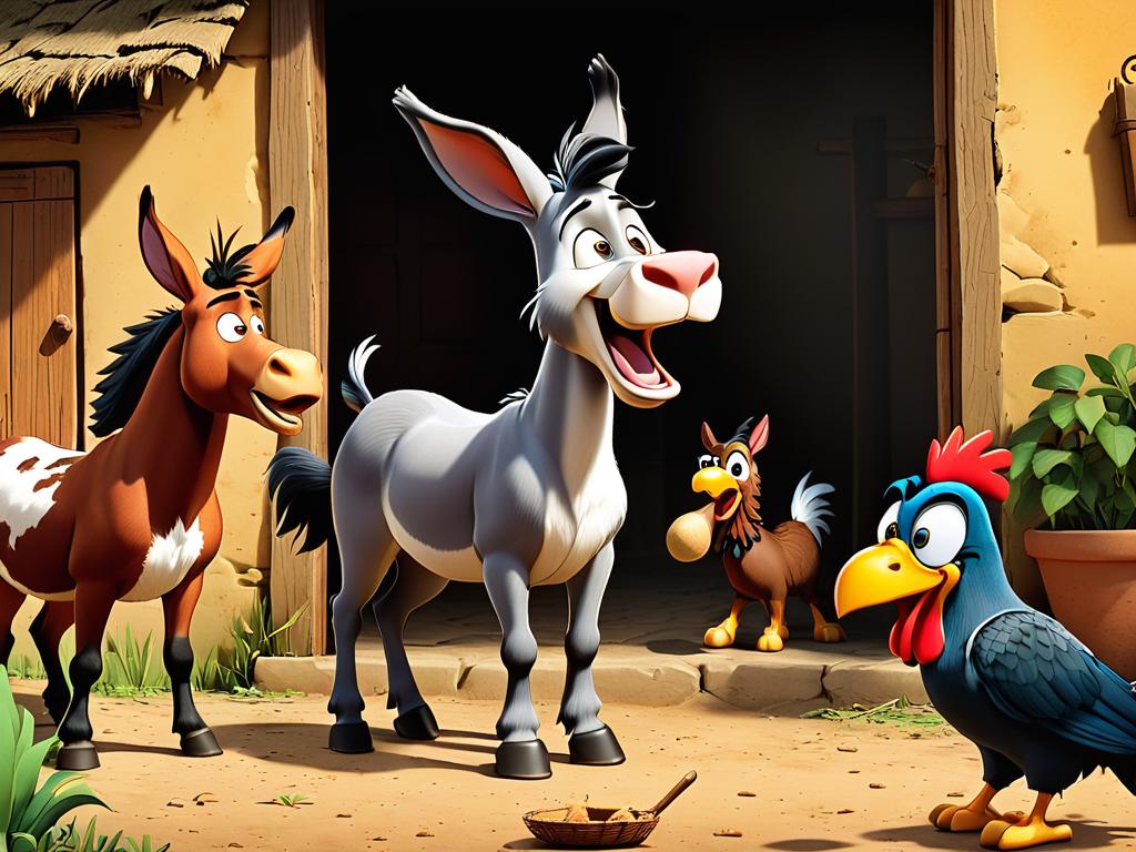 Кадр из мультфильма, где животные пугают разбойников своими звуками