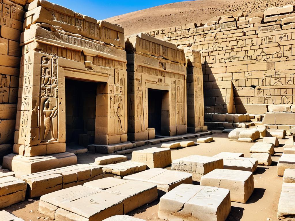 Руины храма Тота в Гермополе, Египет. На некоторых уцелевших каменных блоках видны древнеегипетские