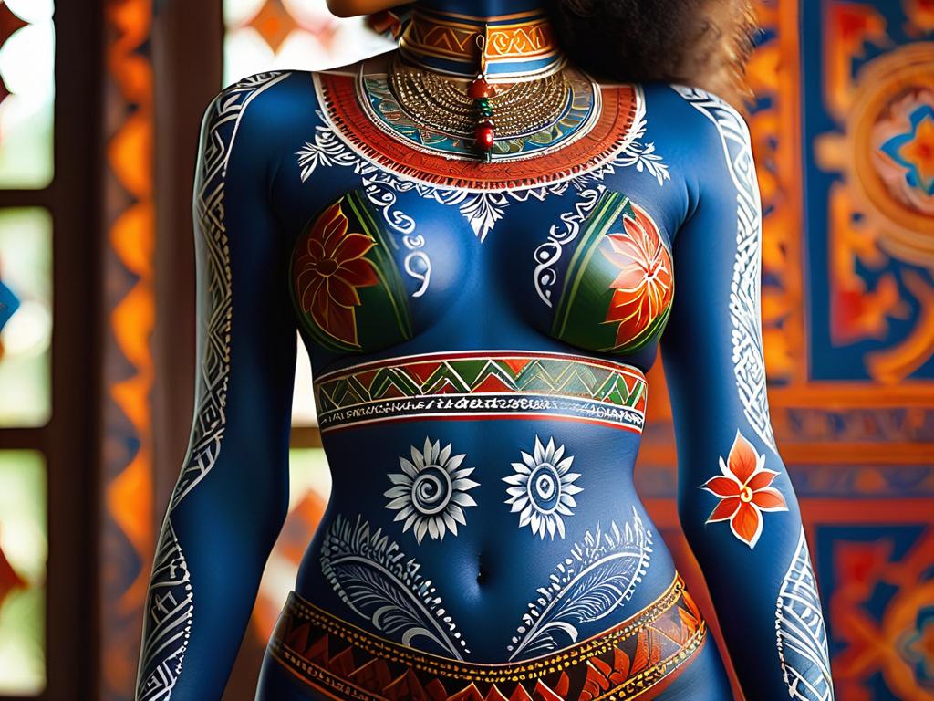 Тело женщины, разрисованное этническим орнаментом, отражающим историю и культуру бодиарта