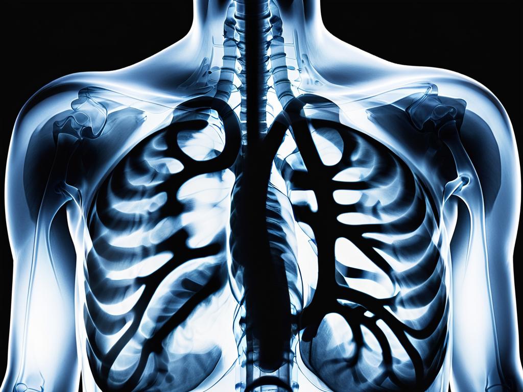 Рентгеновский снимок грудной клетки с признаками ХОБЛ - гиперинфляция легких и уплощение диафрагмы