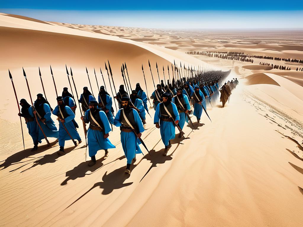 Арабская армия марширует по песчаной пустыне под голубым небом, неся копья и знамена