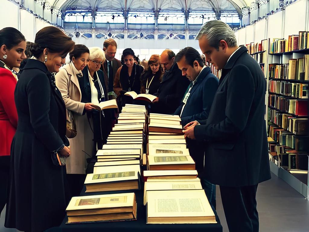 Люди на книжной выставке рассматривают старинные книги