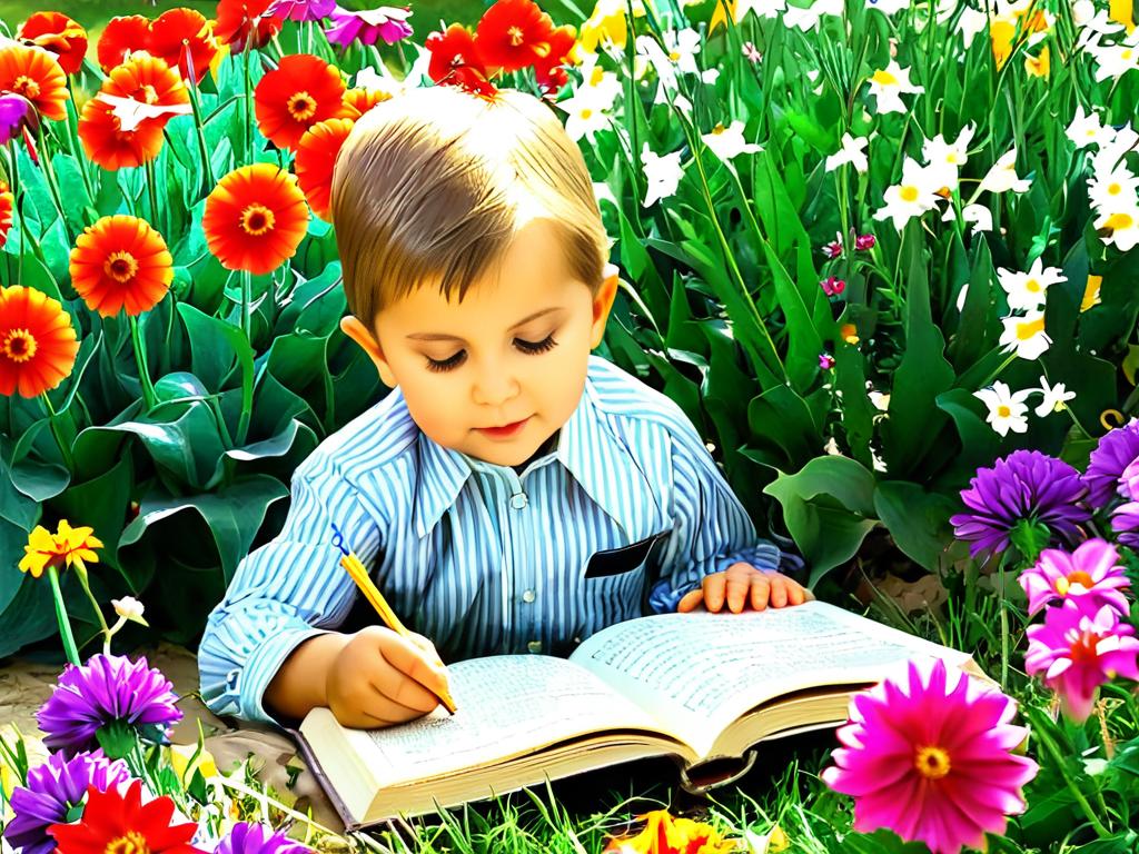 Брюсов в детстве читает книгу возле цветов