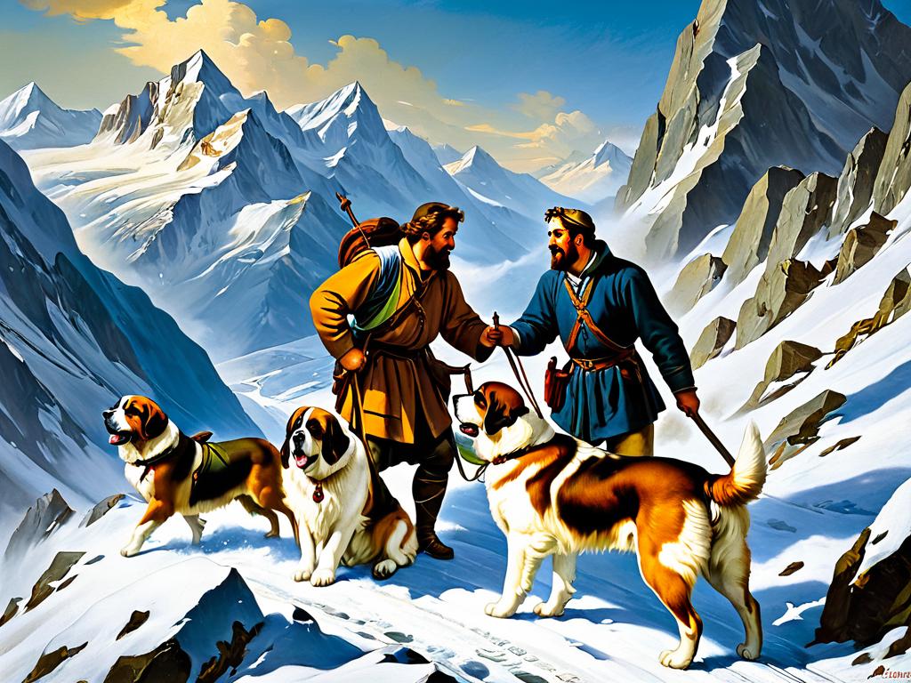Старая картина, изображающая собак породы сенбернар, спасающих путешественников в Альпах
