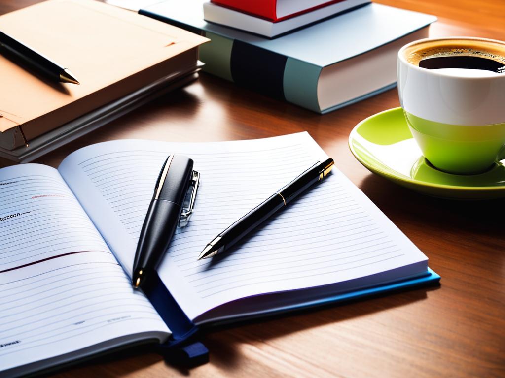 Стопка книг и блокнот на столе с чашкой кофе, концепции бизнес-плана, финансов и маркетинга