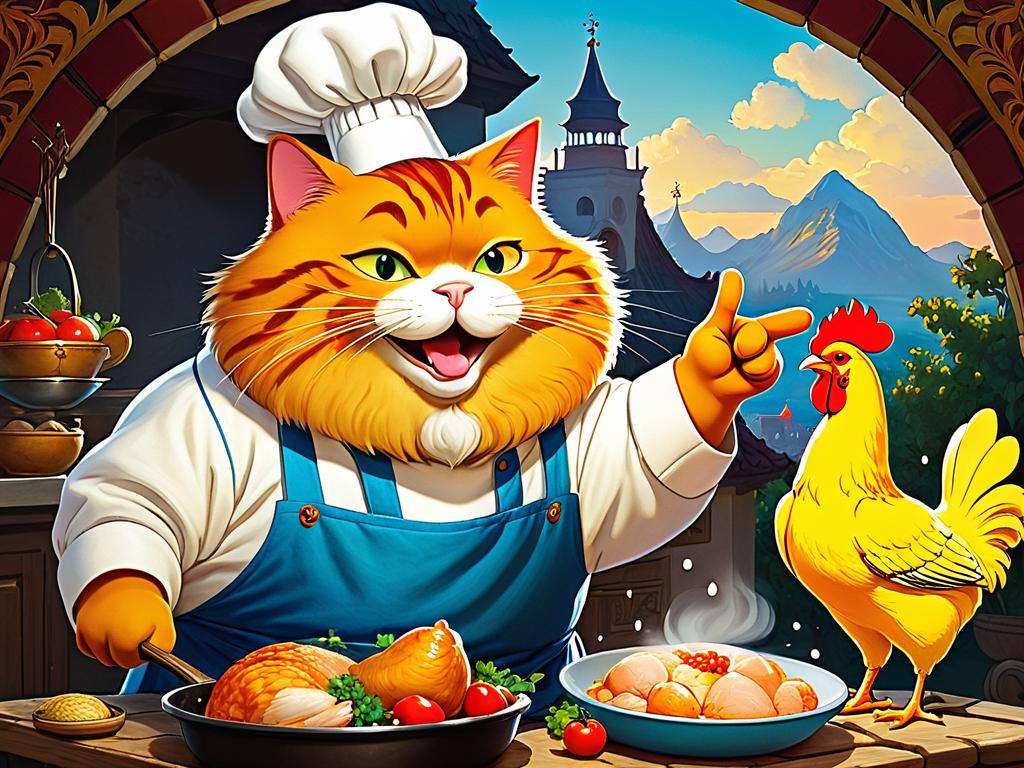 Иллюстрация к басне Крылова «Кот и повар»: толстый кот ест курицу, повар погрозил ему пальцем