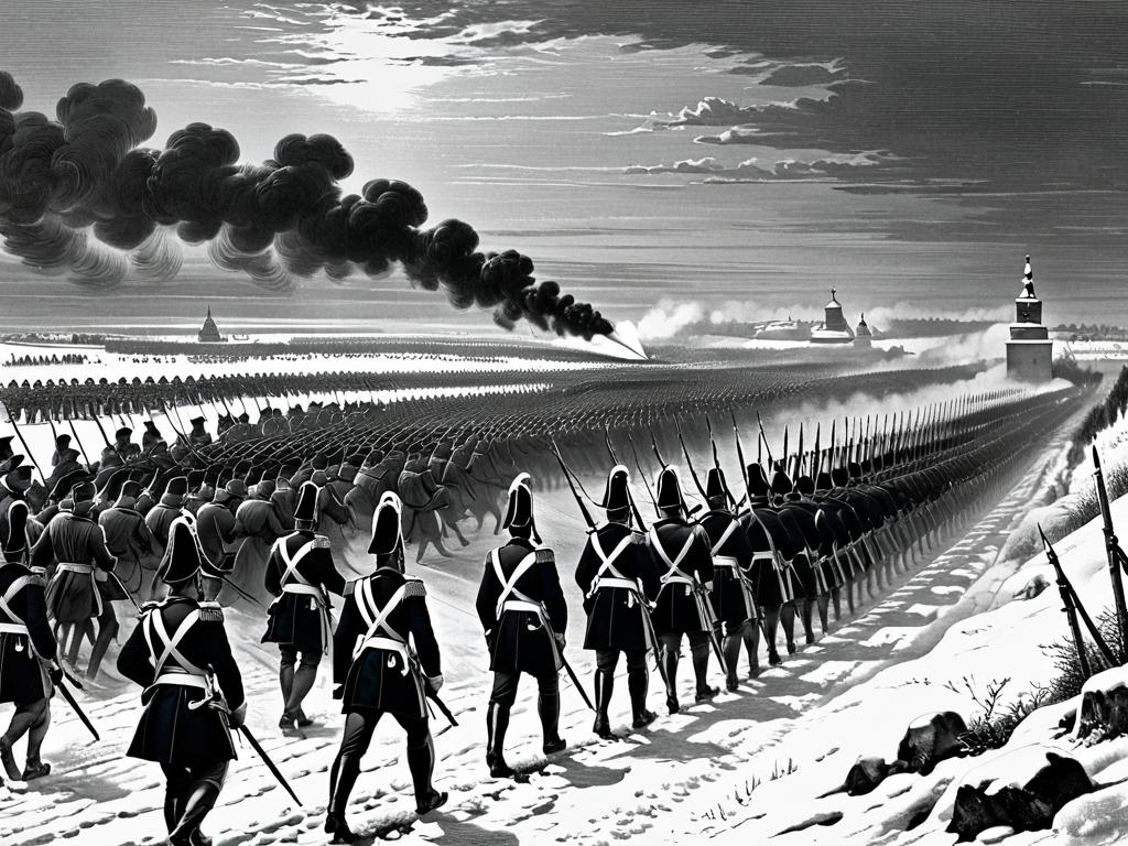 Гравюра, изображающая вторжение Наполеона в Россию в 1812 году, солдаты на марше