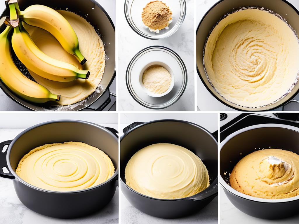 Процесс приготовления бананового кекса: замешивание ингредиентов в миске, выкладывание теста в чашу