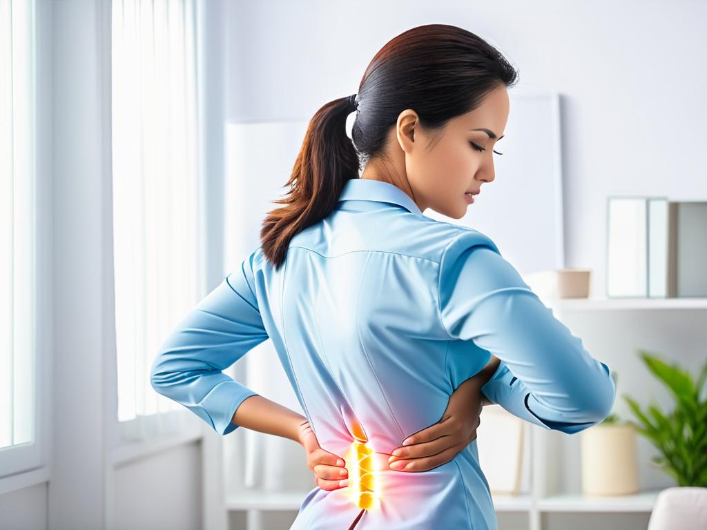 Женщина с болью в спине из-за болезни почек, вызывающей ацидоз