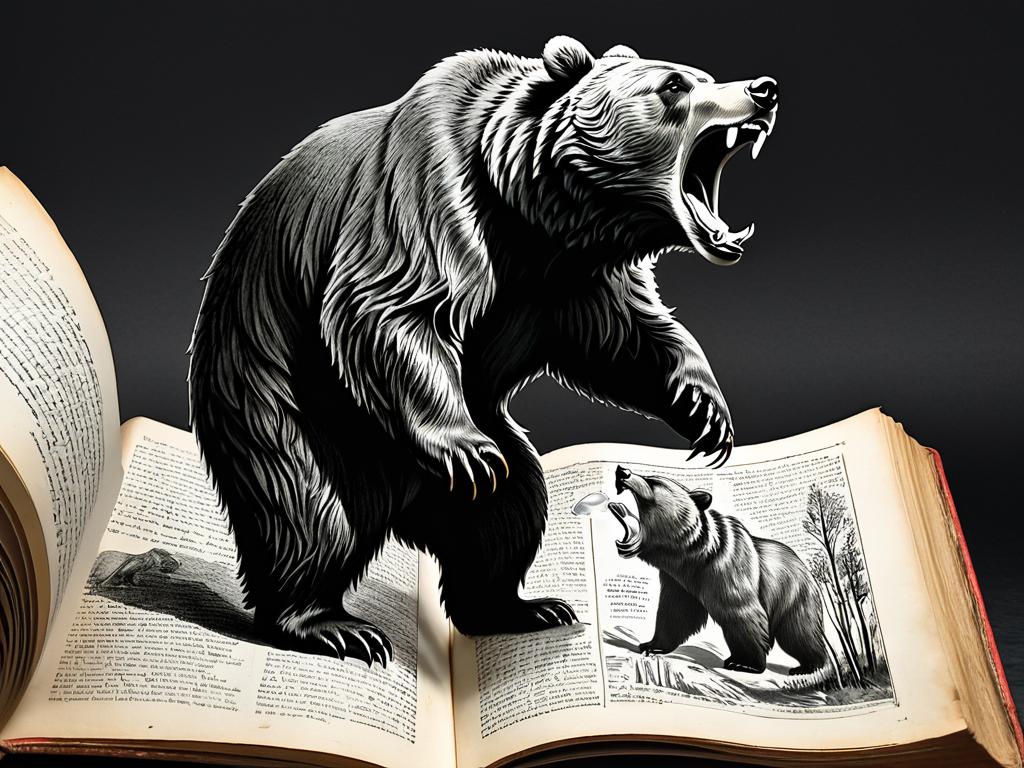 Старинная книга с рисунком медведя на открытой странице. На рисунке медведь стоит на задних лапах и