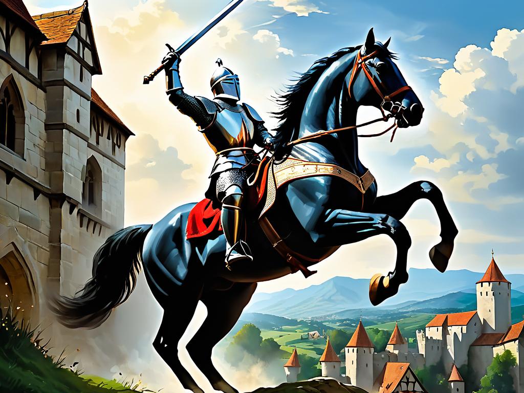Картина средневекового рыцаря на коне с поднятым мечом, готового к битве.