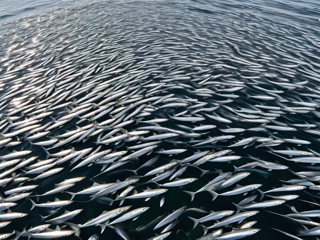 Тысячи мелких серебристых рыб анчоусов, создающих мерцающие волны, плывя вместе в плотно