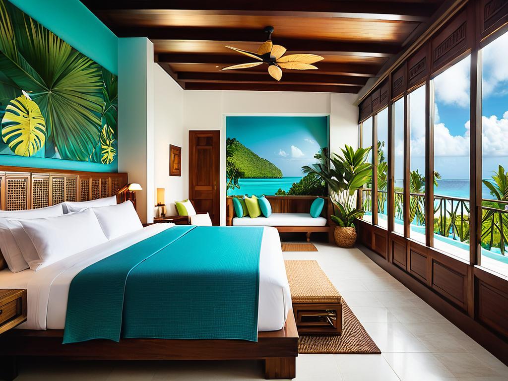 Интерьер уютного тропического номера отеля, приглашающий отдохнуть во время зимнего отпуска
