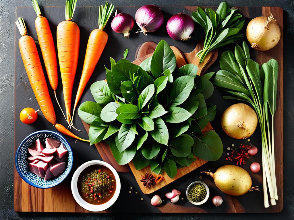 Ингредиенты для щавелевого супа с говядиной: мясо, картофель, морковь, лук, лавровый лист, специи