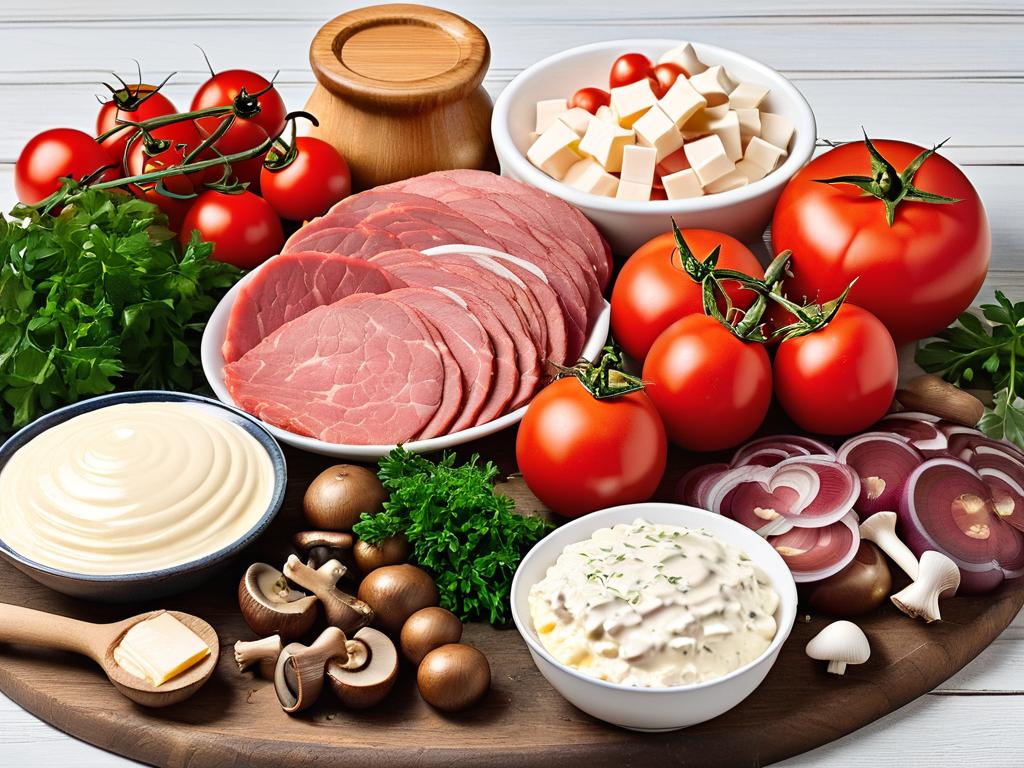 Фото ингредиентов для мяса по-французски с грибами и помидорами, в том числе мясо, грибы, помидоры,