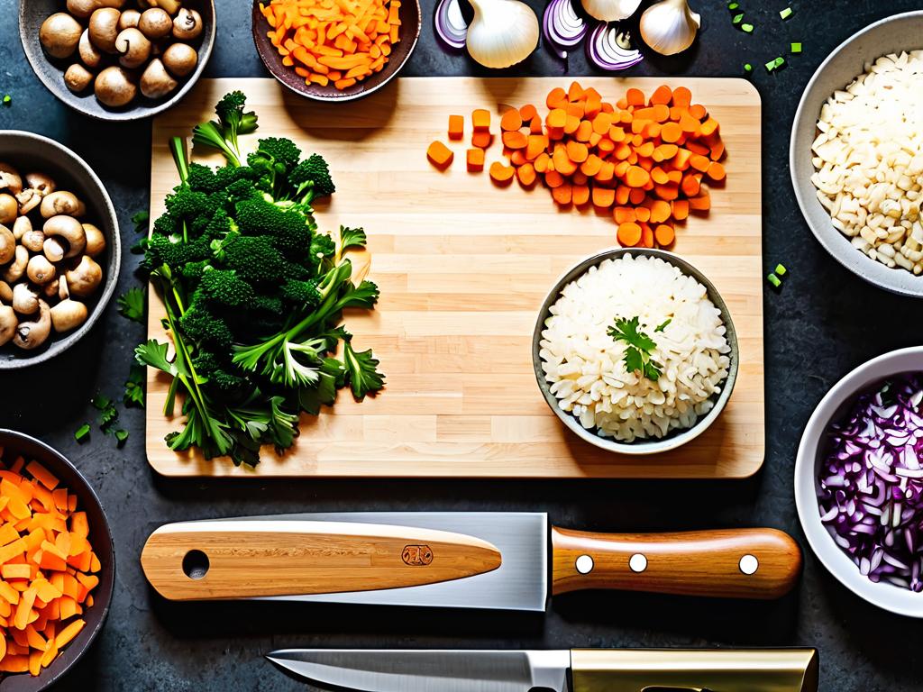 Грибы, морковь, лук и другие овощи на разделочной доске с ножом, ингредиенты для рецепта жареного