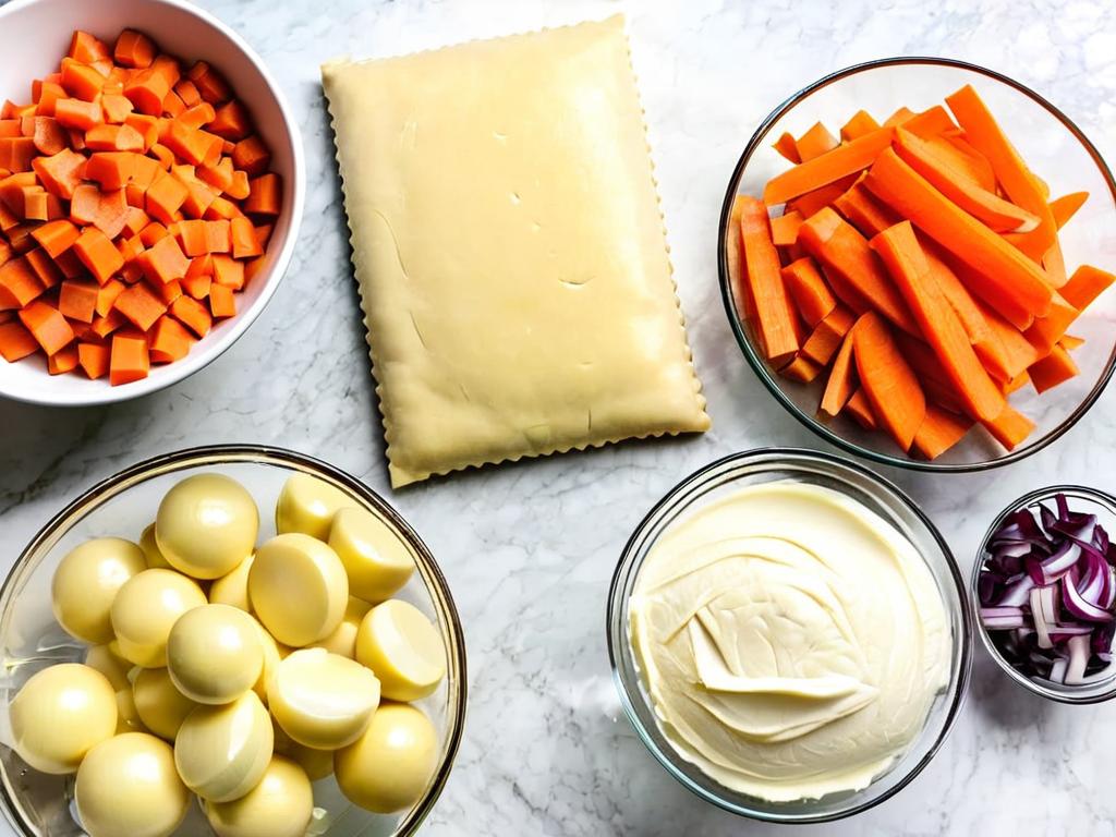 Ингредиенты для теста и начинки пирога с курицей: слоеное тесто, куриное филе, лук, морковь, сыр