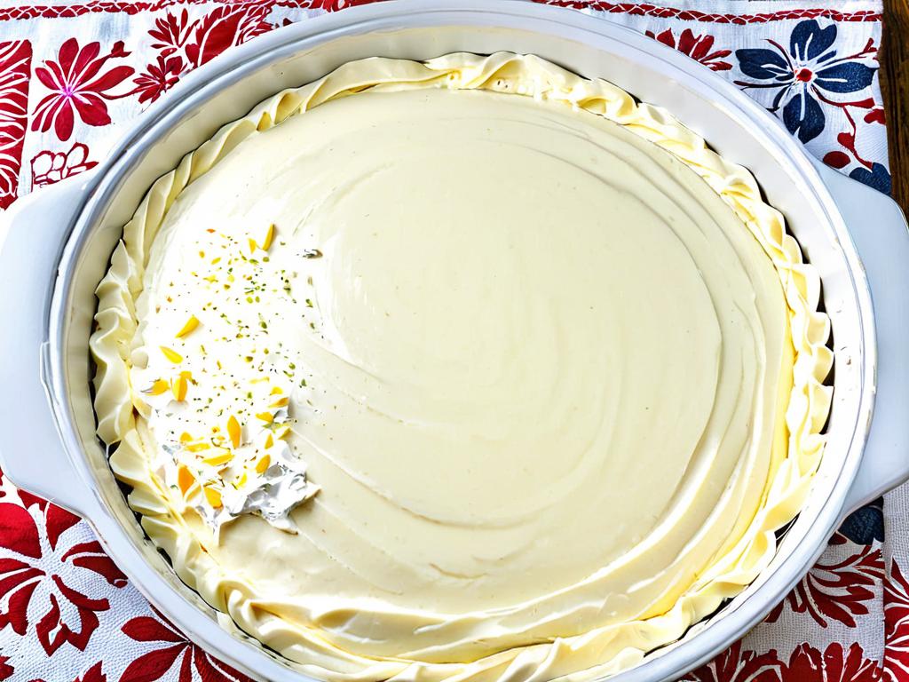 Миска с яично-сырной смесью для заливки пирога перед выпечкой