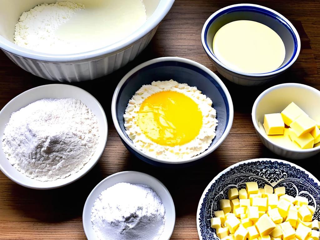Миски с мукой, яйцами, маслом - ингредиенты для приготовления французского лукового пирога