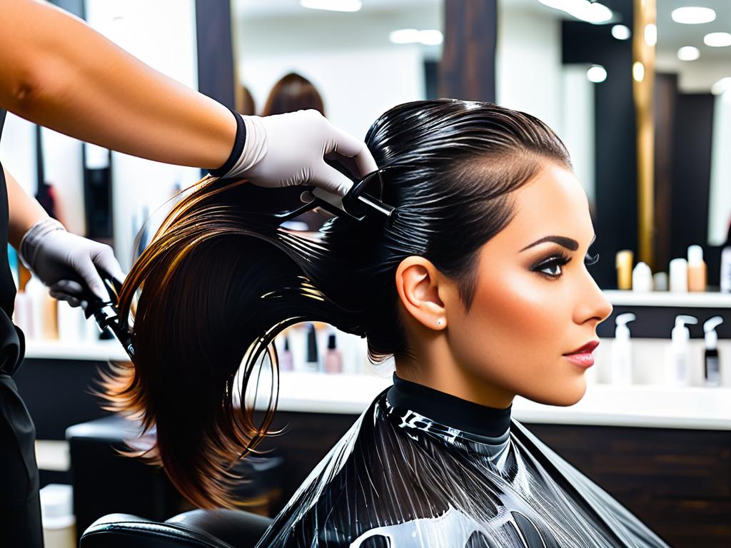 Мастера в салоне наносят состав для экранирования волос клиентке