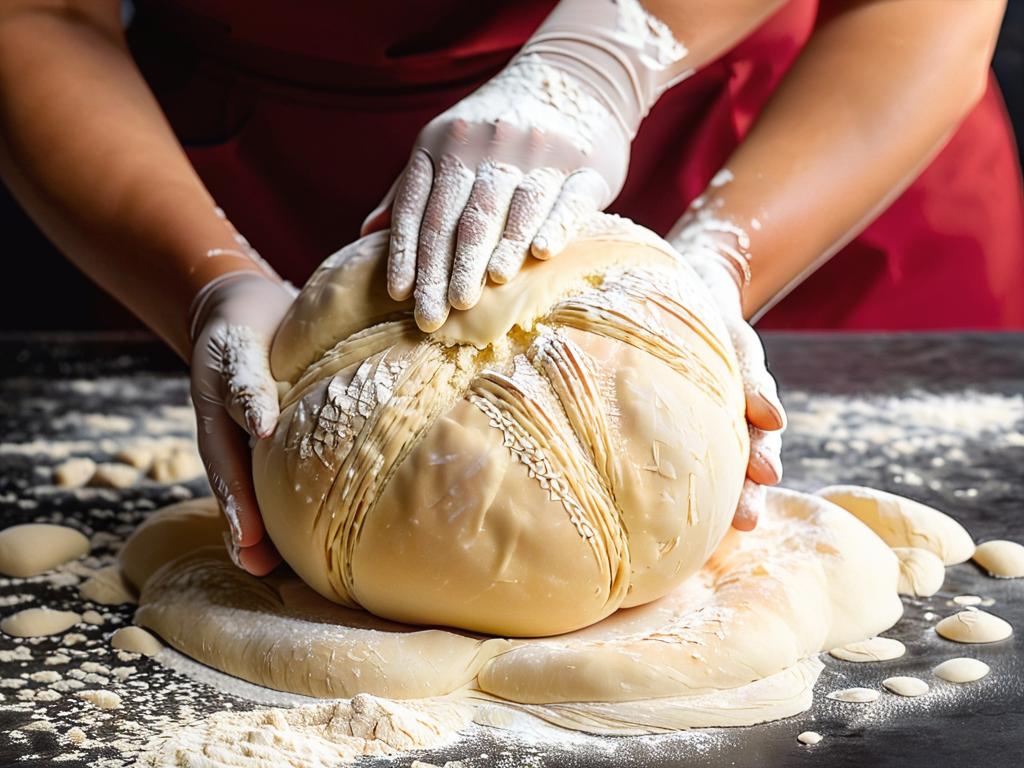 Руки женщины замешивают тесто для самсы на муке