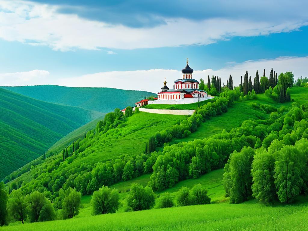 Старинный православный монастырь среди зеленых холмов и леса