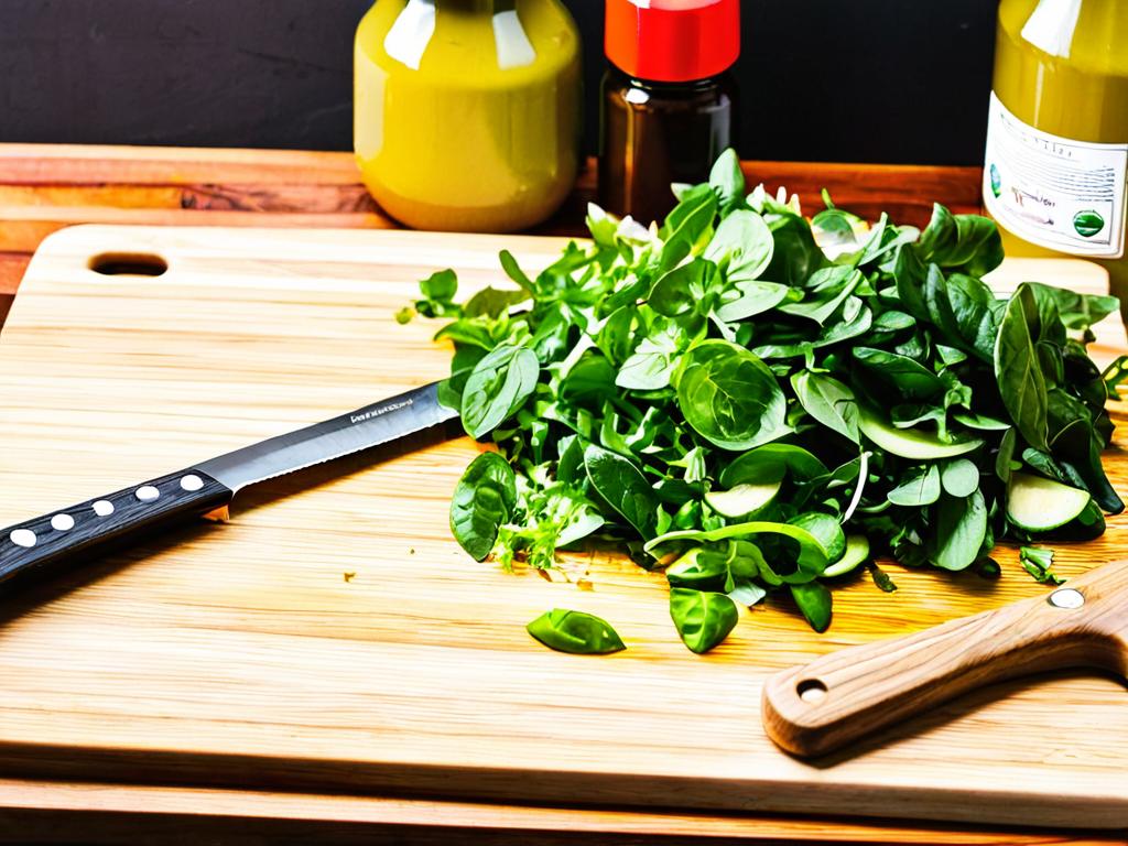 Ингредиенты для салата разложены на разделочной доске вместе с ножом