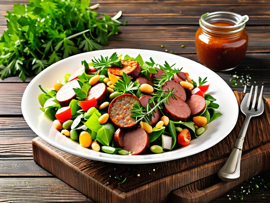 Вкусный хрустящий салат с фасолью и ломтиками колбасы в миске на деревянном столе с соусом и зеленью