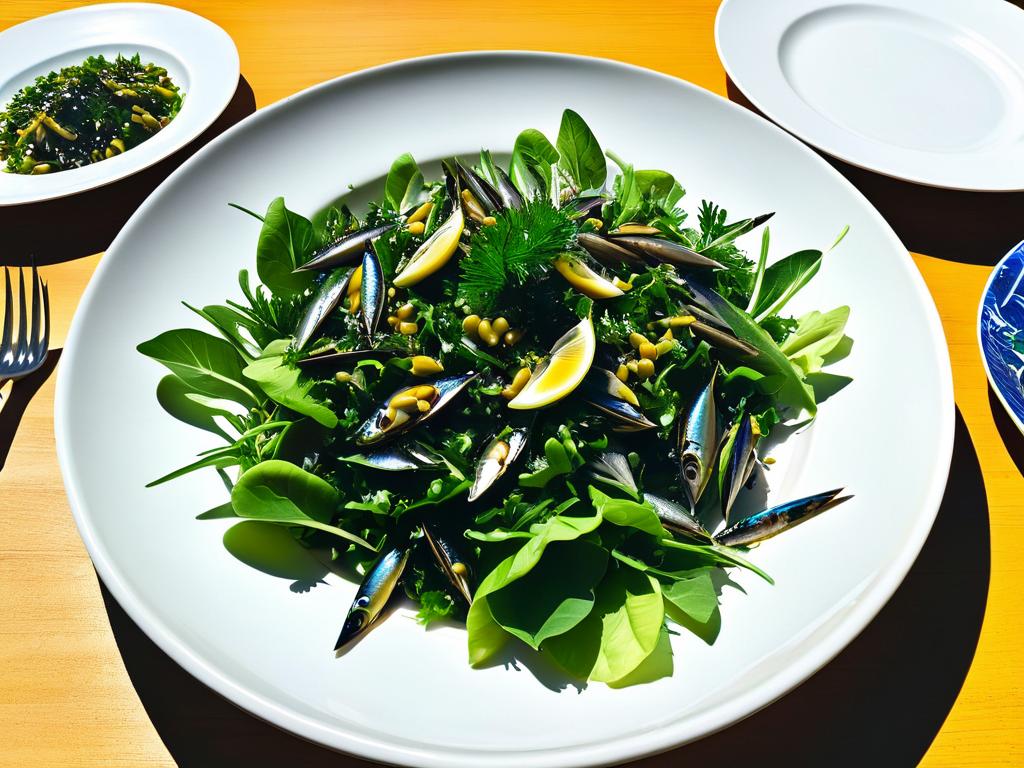 Готовый салат «Океан» со шпротами украшен зеленью и подан на тарелках, готовый к употреблению