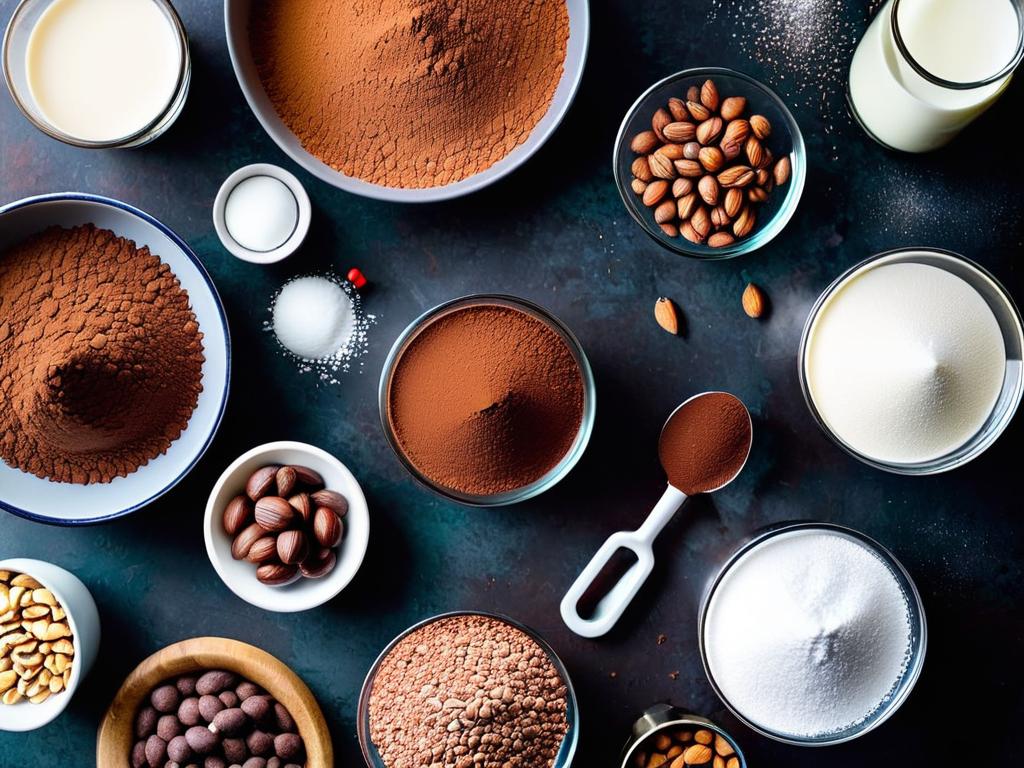 Вид сверху на ингредиенты для шоколадной колбаски - печенье, какао, молоко, сахар и орехи,