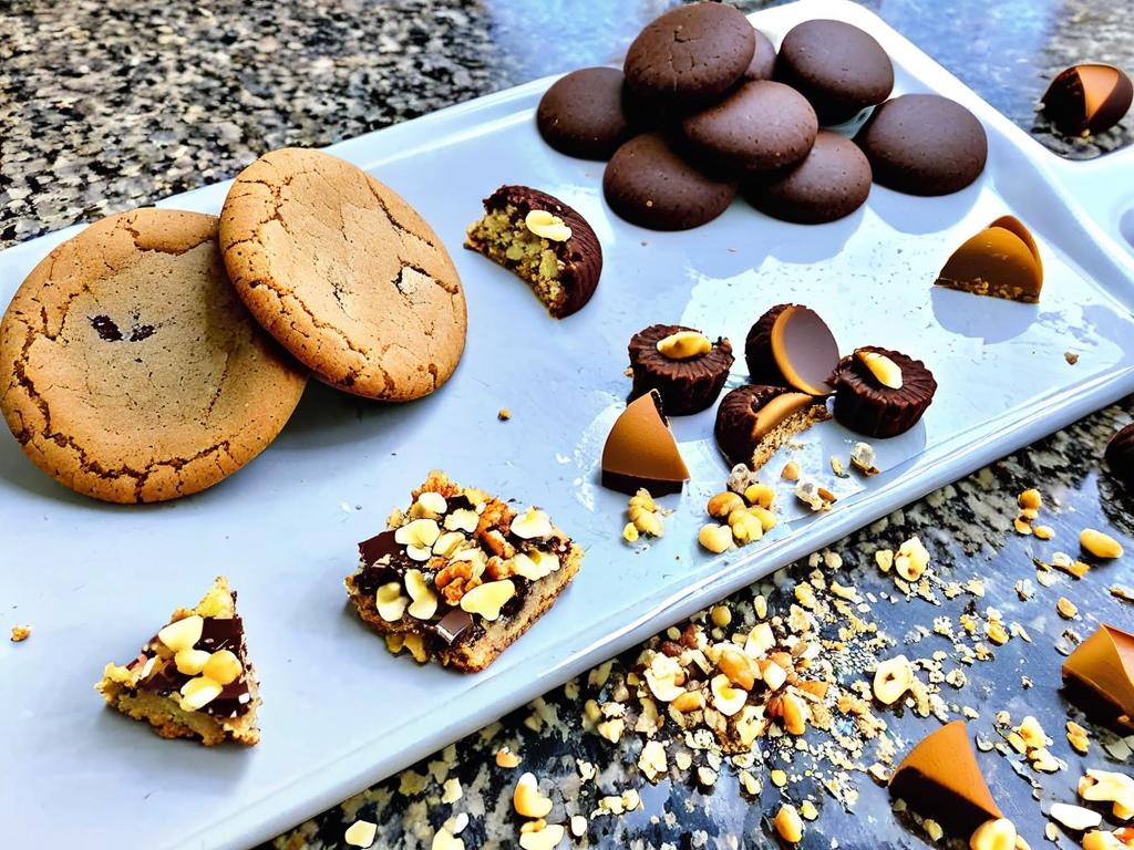 Порубленное печенье и раскрошенные орехи на кухонной столешнице, готовые для рецепта шоколадной