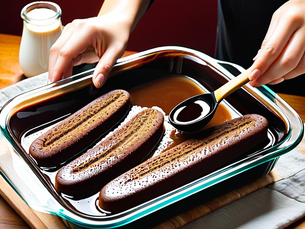 Печенье савоярди, частично пропитанное крепким кофе, выкладывается в стеклянную форму.