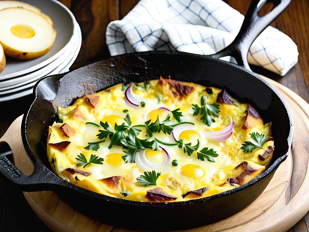 Фото запеченного в сковороде омлета с картофелем, луком и сыром