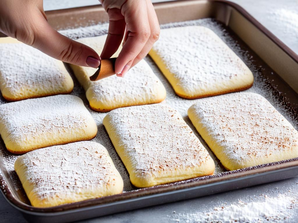 Тесто для домашнего печенья савоярди для тирамису выложено полосками на противень и посыпано