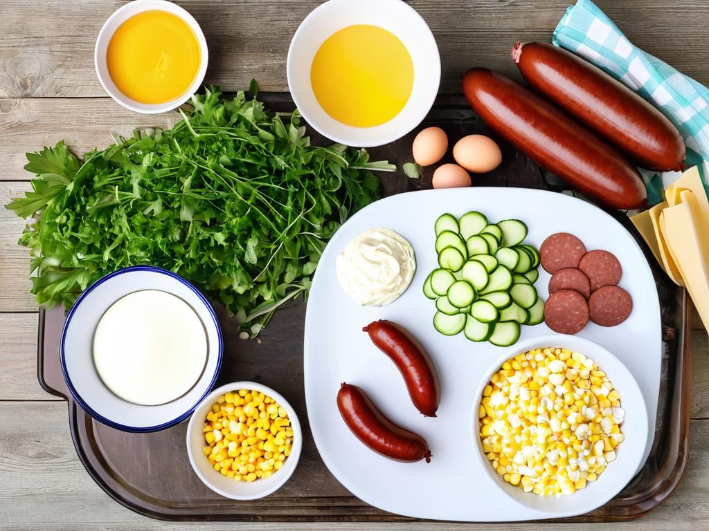 Ингредиенты для приготовления салата - копченая колбаса, кукуруза, яйца, майонез, сыр. Все