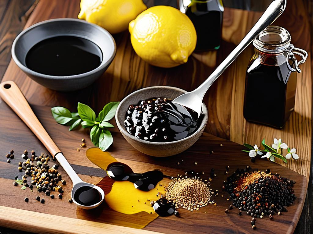 Ингредиенты для приготовления бальзамического соуса - бальзамический уксус, мед, специи и лимонный